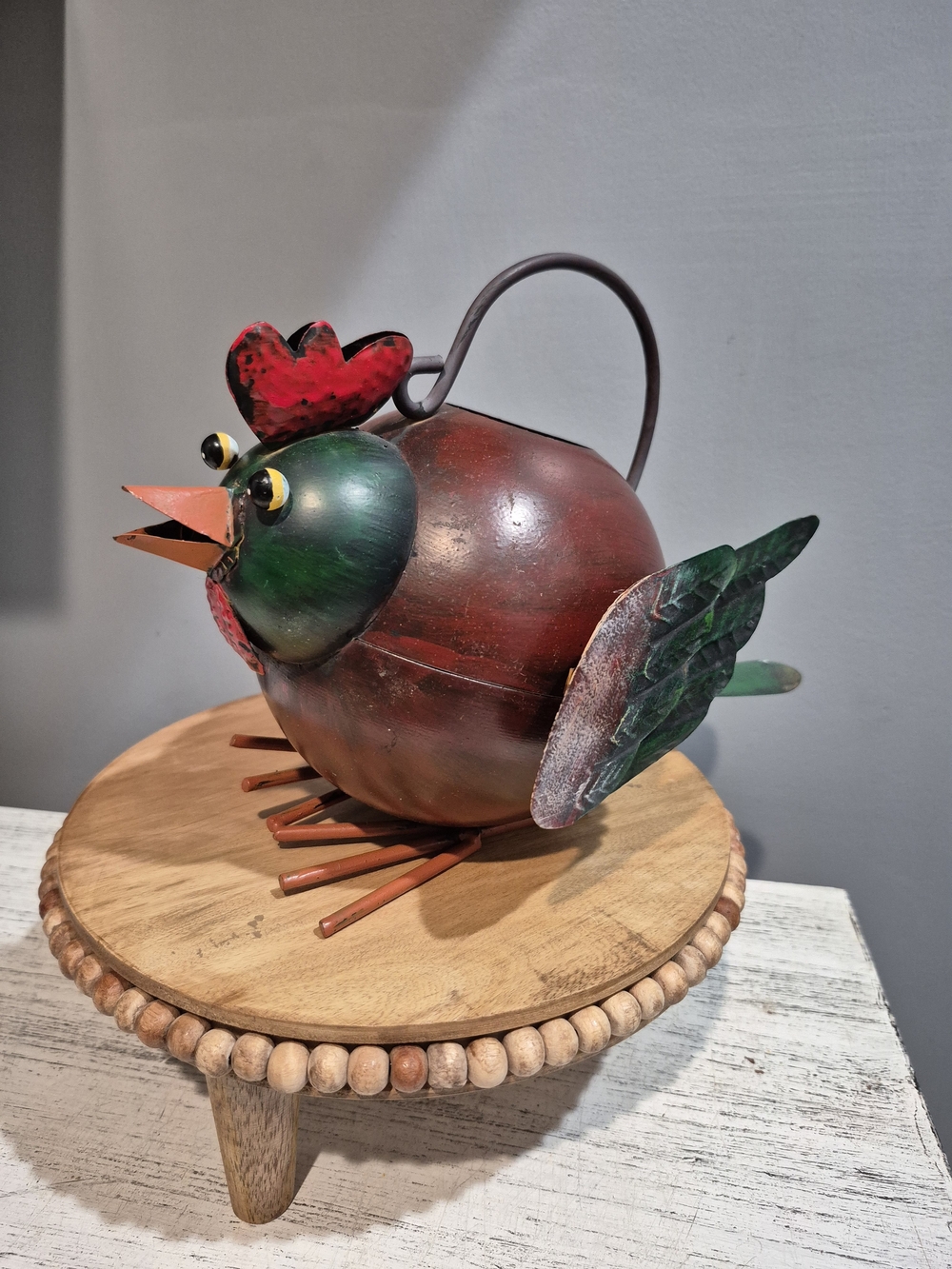 Metal Chicken Watering Can Garden Decor- Red & Green